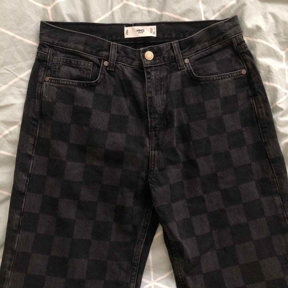 Mango Straight Leg Jeans with Check Print in Black